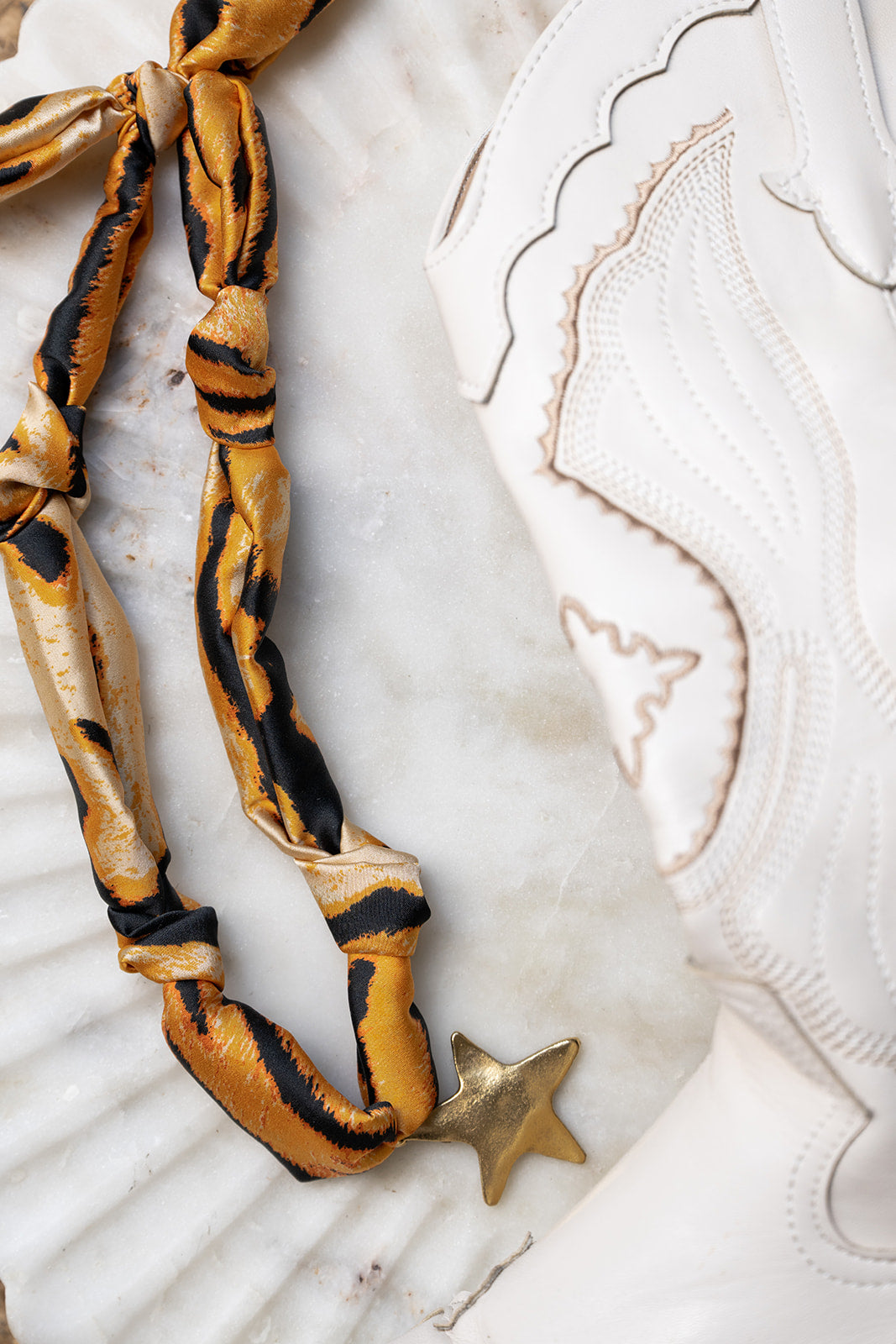 Tiger Print Anitique Gold Star Scarf Necklace