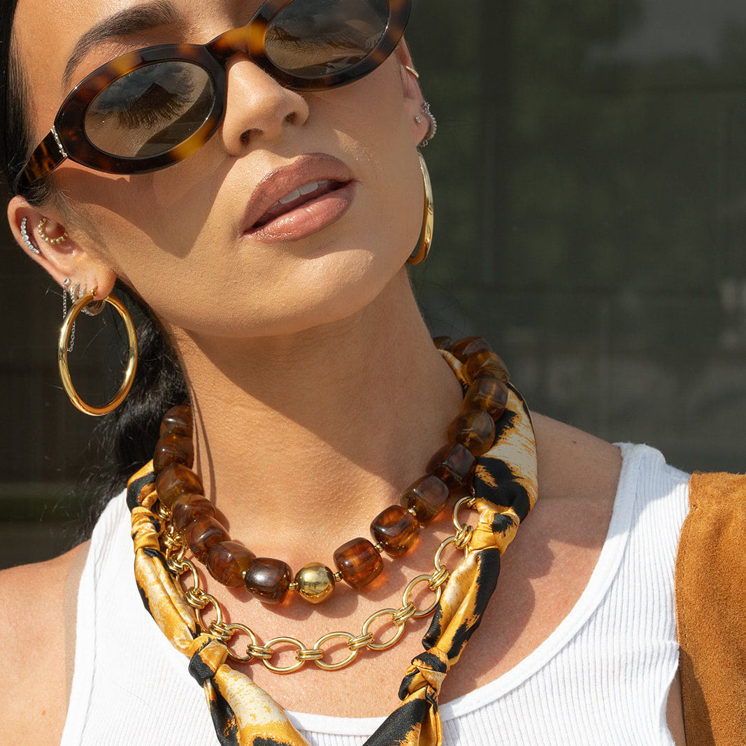 Tiger Print Anitique Gold Star Scarf Necklace