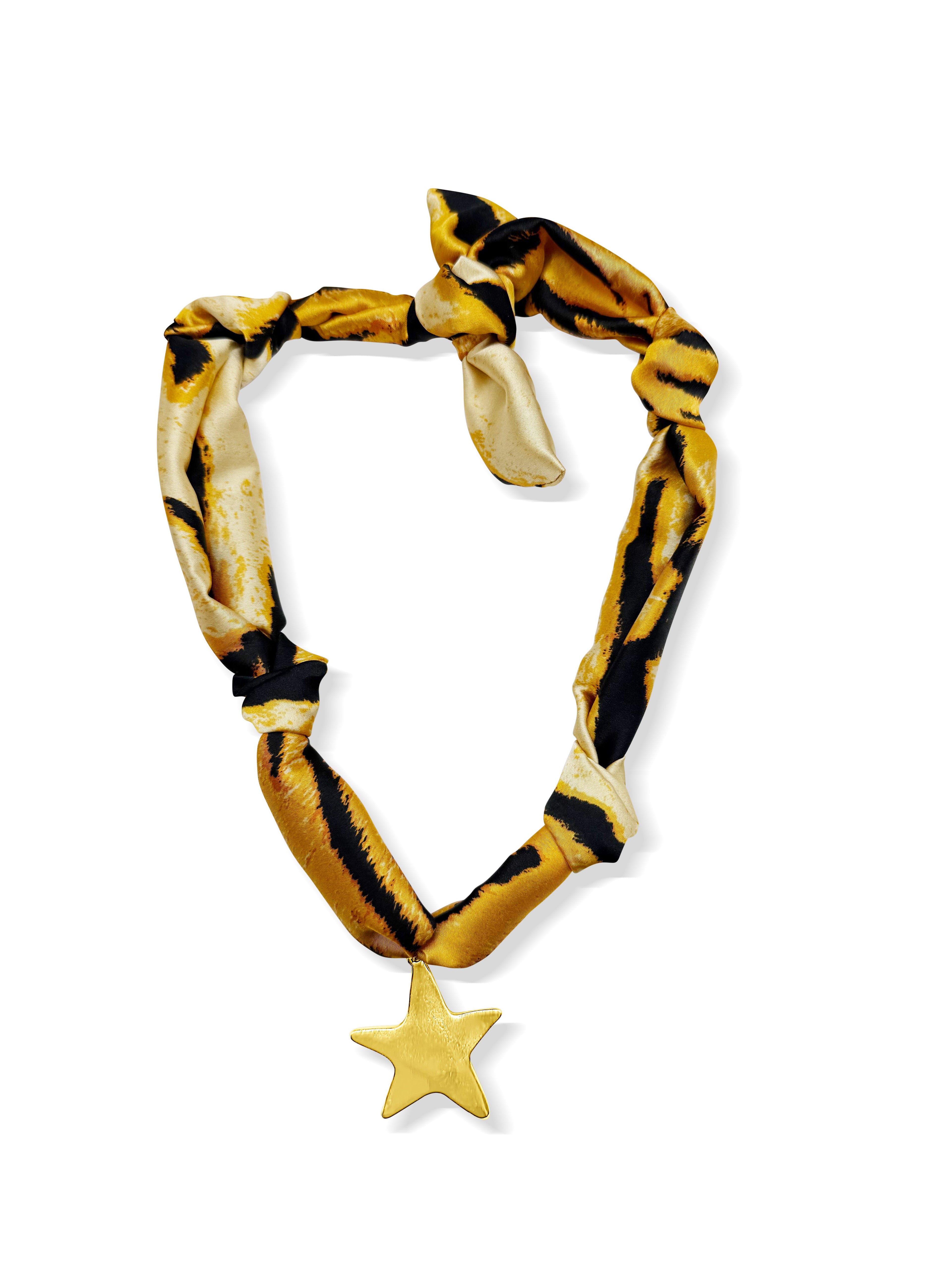 Tiger Print Anitique Gold Star Scarf Necklace